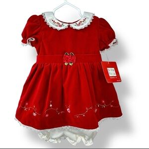 VTG Baby Togs Red Velvet Dress Embroidered Flowers W/bloomers 6/9Mo Girls NWT